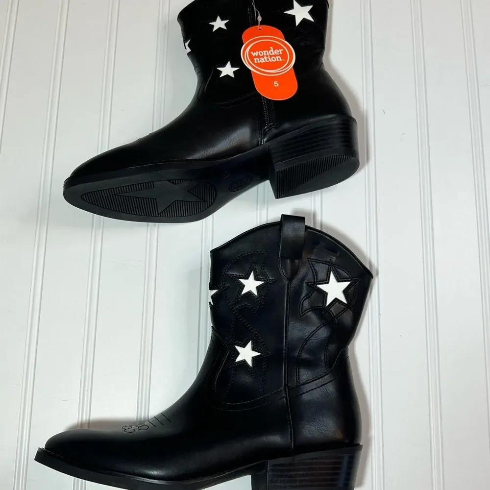 Wonder Nation Kids Black Boots with White Stars Size 5 NWT